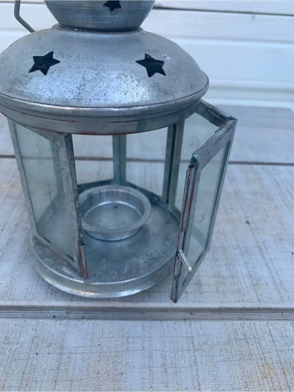Vintage Metal Lantern Holder For Tea Light Candle, Star Cutouts, 8